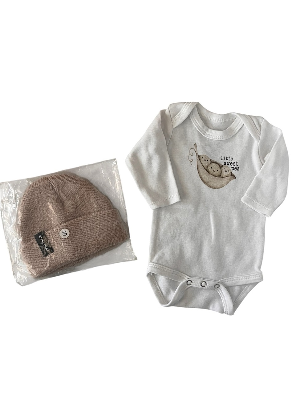Baby Beanie and 'Little Sweet Pea' White Bodysuit Set - Neutral Taupe